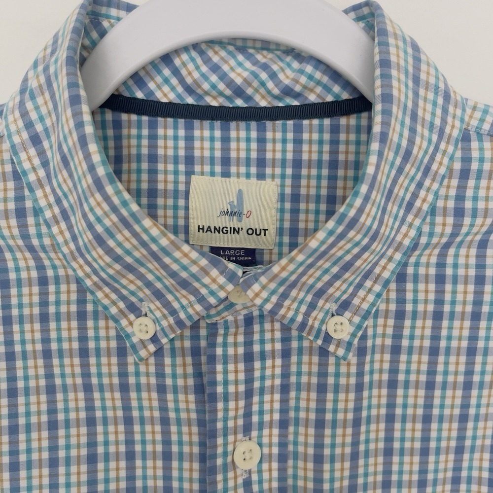 Johnnie-O Hangin Out Blue Yellow Check Long Sleeve Logo Pocket Men's Large